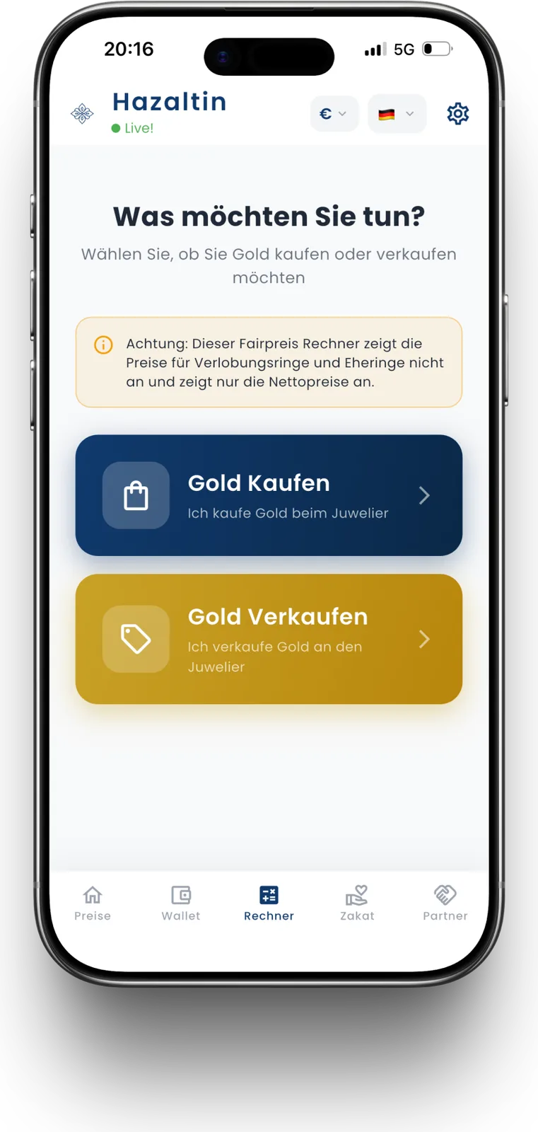 Hazaltin – Goldpreis- & Zakat-App – Rechner zur Preisorientierung