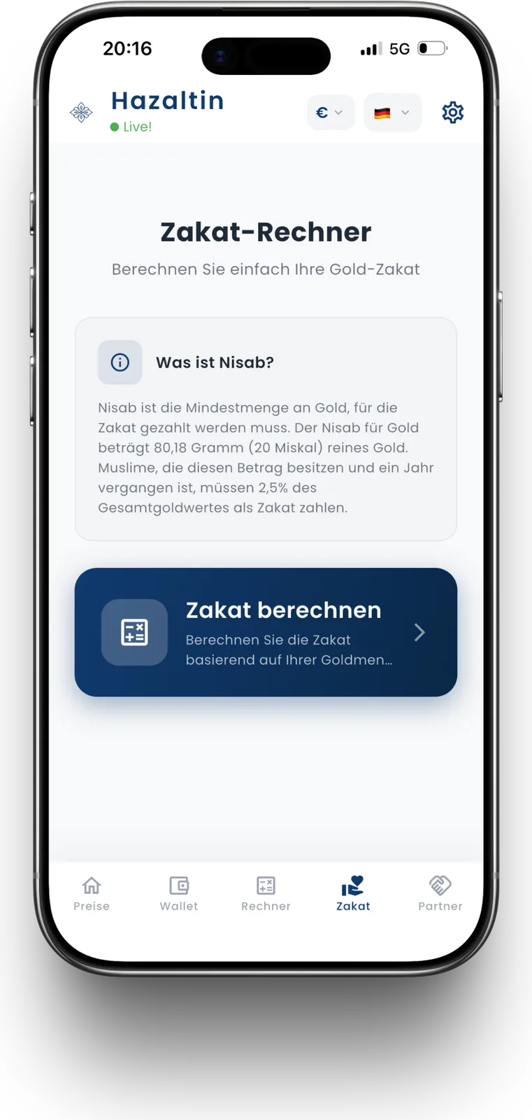 Hazaltin – Goldpreis- & Zakat-App – Zakat-Rechner