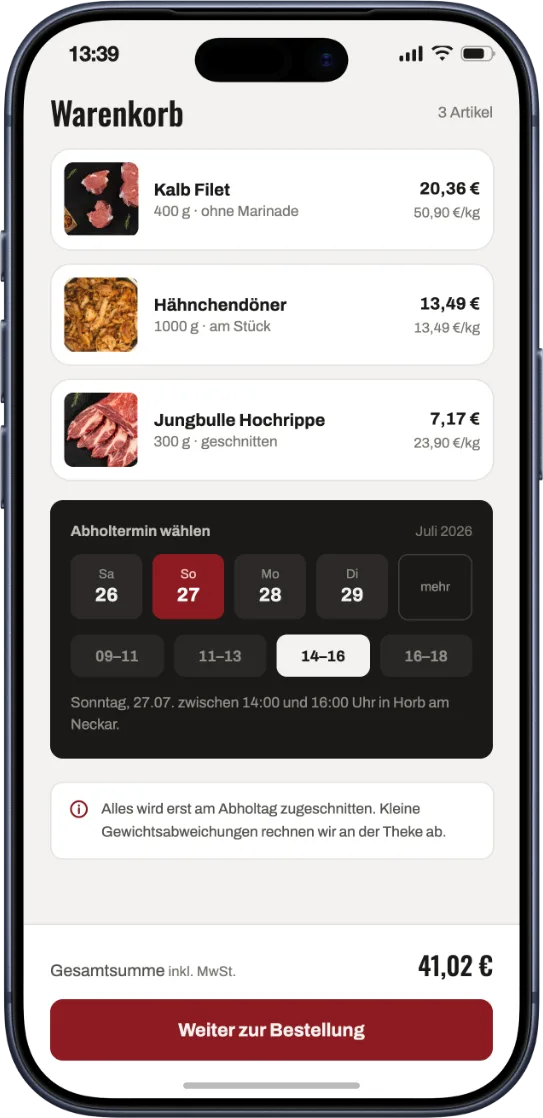Murat Lamm – Bestell-App – Warenkorb & Abholzeit